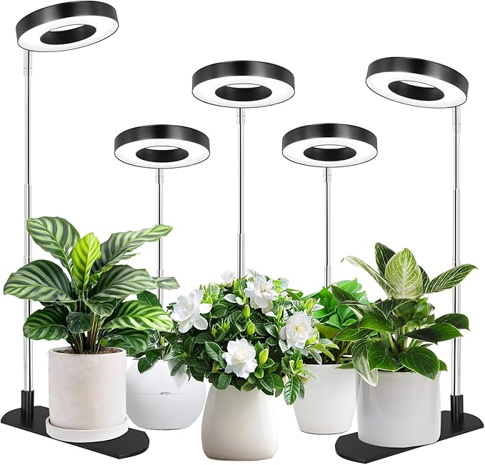LBW Grow Light for Indoor Plants, Full Spectrum Plant Light with Base, Height Adjustable Plant Growing Lamp with Auto On/Off Timer 6/8/12/16H,3 Colors,5 Dimming Levels, for Small Plants, Black,5 packs