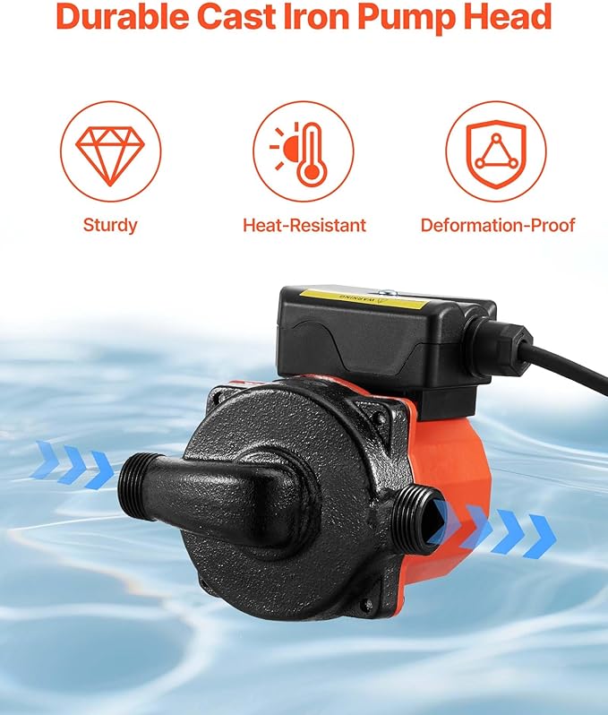 VEVOR Hot Water Recirculating Pump, 10 GPM, Instant Circulation Circulator Pump System, 3-Speed Control, 0.13 HP, 110-120V, NPT 3/4 in to NPT 1/2 in Adapter, Cast Iron Head, for Water Heater System