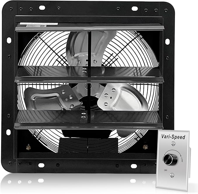 VENTISOL 12 Inch Shutter Exhaust Fan With Variable Speed Controller,1450CFM Wall Mounted Ventilation Fan, Vent Fan For Greenhouses,Shop,Home Attic,Garage Ventilation,Black