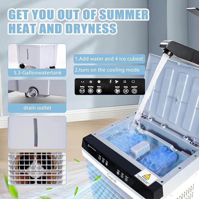 CAYNEL Evaporative Swamp Cooler with 5.3 Gallon Water Tank, Touch Screen and Remote Control, Refrigerator, 12 Hour Timer and 3 Fan Speed Settings, Cooling Tower Fan for Outdoor, Indoor, Garage