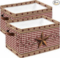 Vintage Texas Star Brown Storage Bins Cubes Waterproof Cloth Storage Basket, Red Plaid Berry Farmhouse Foldable Storage Bags for Shelf Closet Clothes Storages Organizers with Handles 15x11x9.5 in 2PCS