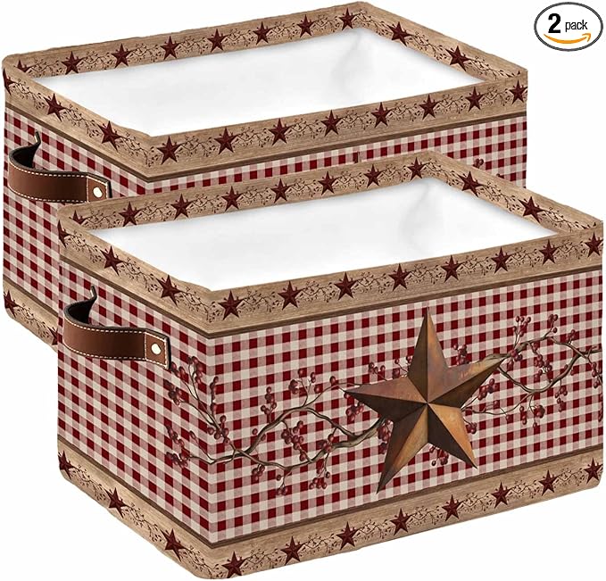 Vintage Texas Star Brown Storage Bins Cubes Waterproof Cloth Storage Basket, Red Plaid Berry Farmhouse Foldable Storage Bags for Shelf Closet Clothes Storages Organizers with Handles 15x11x9.5 in 2PCS
