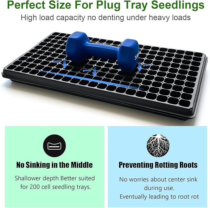 RooTrimmer Shallow 1020 Nursery Flat Trays Specialized for Holding & Carrying 200 Cell Plug Seedling Trays (Height is 1.3"),Microgreen Germination Trays,10 Pack, No Holes (YB01, 10Pcs)