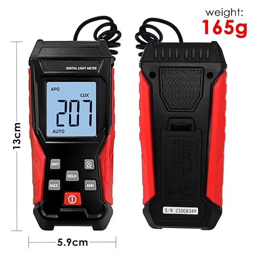 Light Meter Lux Meter Handheld Photometer 0.1~200,000Lux / 0.01~20,000FC Range Digital Illuminance Lightmeter Luxmeter with 4 Digit LCD Display & Flexible Sensor for Plants, Headlights, Lumens LEDs