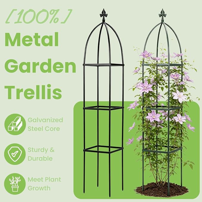 Lancisism 100% Metal Trellis for Climbing Plants Outdoor - Garden Metal Obelisk Trellis Vertical Plant Support for Climbing Vines & Flowers - Sturdy Steel Arch Trellis for Potted Plants Indoor Green