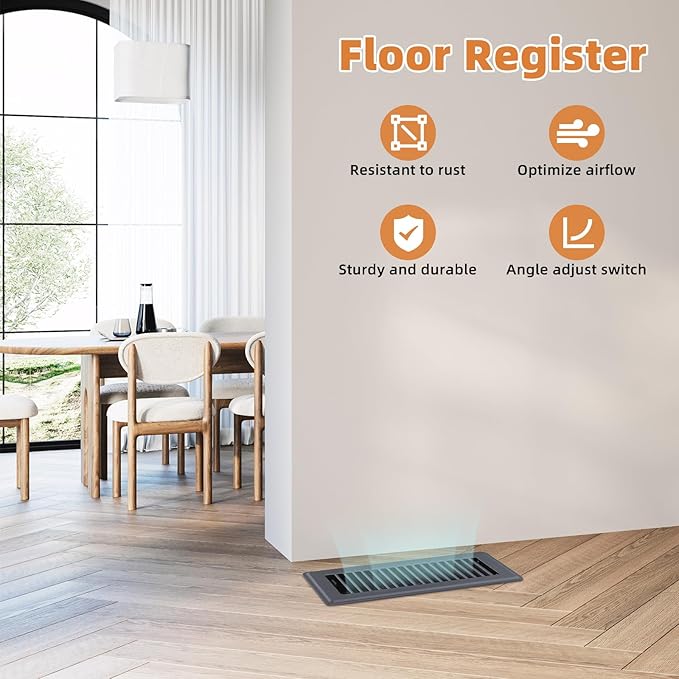 Floor Register 4 x 12, 8 Pack – Gray Heavy-Duty Steel Vent Covers for Home Floor with Adjustable Airflow Control Lever, Easy Installation and Quiet Operation for HVAC Systems Floor Vent