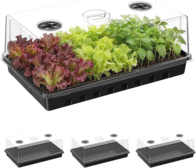 Seed Starter Tray, Gardening Plant Grow Trays Kit for Seedling, Germination Trays with 4.72 Inch High Humidity Domes，Large Growing Space & Better Air Flow for Seed Starting, Mini Greenhouse, 3PCS