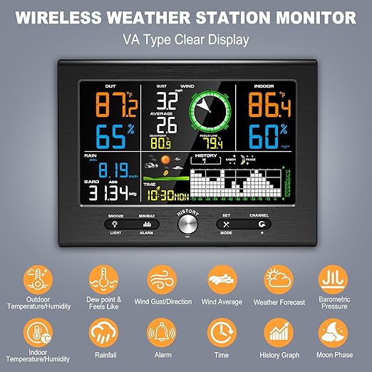 Urageuxy Wireless Weather Station Indoor Outdoor, Home Weather Stations with Rain Gauge, Wind Speed/Direction, Temperature, Humidity, Moon Phase, Weather Forecast, Barometer Pressure