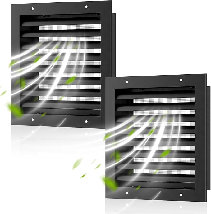 Hon&Guan 2 Pack 8" x 8" Aluminum Gable Vents with Screen for Houses, Louvered Wall Vent for Attic, Shed and Exterior Doors, 6.6" x 6.6" Vent Opening, Black