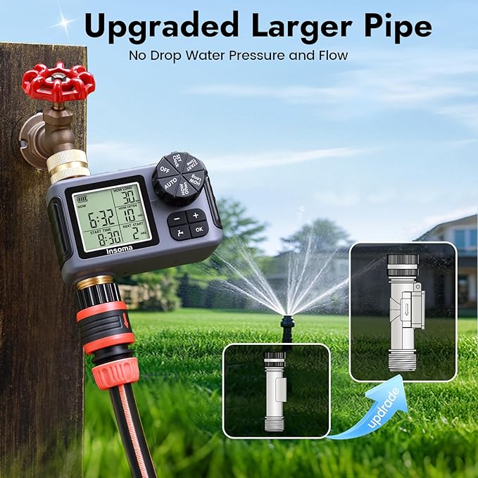 Water Timer for Garden Hose with 100% Brass Pipe, Programmable Sprinkler Controller for Garden Faucet with Auto/Manual/Rain Delay Mode, Irrigation Timers for Lawn, Yard, Outdoor Plants