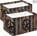 Western Texas Star Retro Storage Bins Cubes Waterproof Cloth Storage Basket, Country Farmhouse Brown Wooden Foldable Storage Bags for Shelf Closet Clothes Organizers with Handles 15x11x9.5 in 2PCS