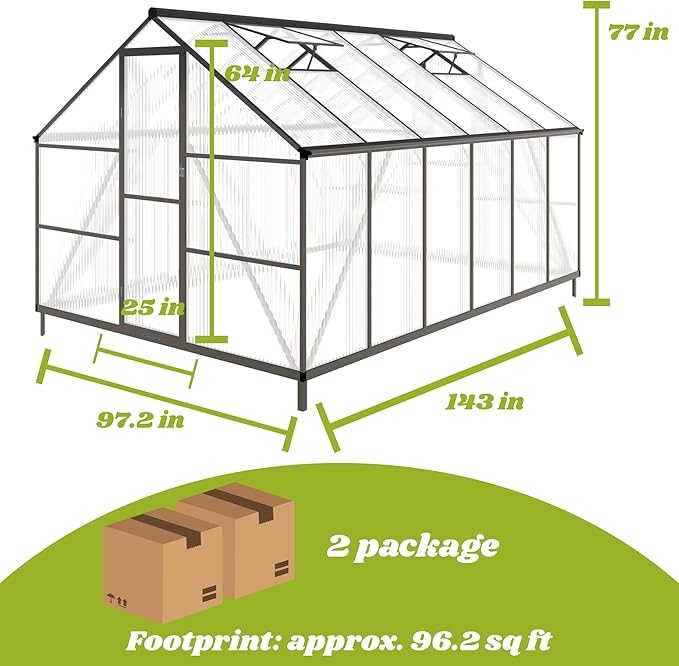 8x12 FT Greenhouses for Outdoors, Polycarbonate Greenhouse with PC Panels, Greenhouses for Outdoors for Yard, Garden, Hobby, Charcoal Black