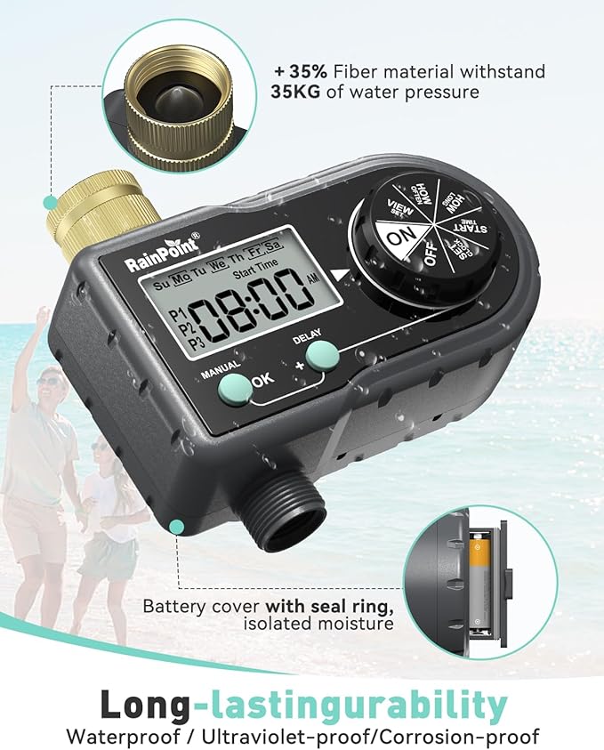 RAINPOINT Sprinkler Timer with 3 Individual Programs, Brass Inlet Water Timer for Garden Hose, Sprinkler Controller, Automatic/Manual Irrigation System for Lawn & Yard Watering, 1 Outlet