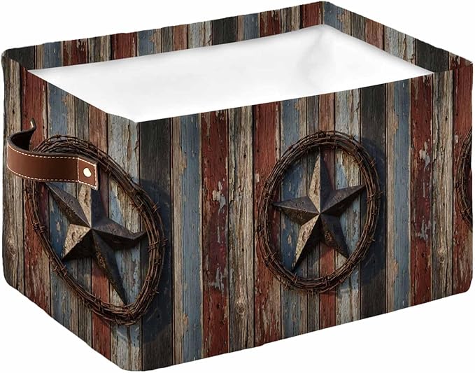 Western Texas Star Retro Storage Bins Cubes Waterproof Cloth Storage Basket, Country Farmhouse Brown Wooden Foldable Storage Bags for Shelf Closet Clothes Organizers with Handles 15x11x9.5 in 1PCS