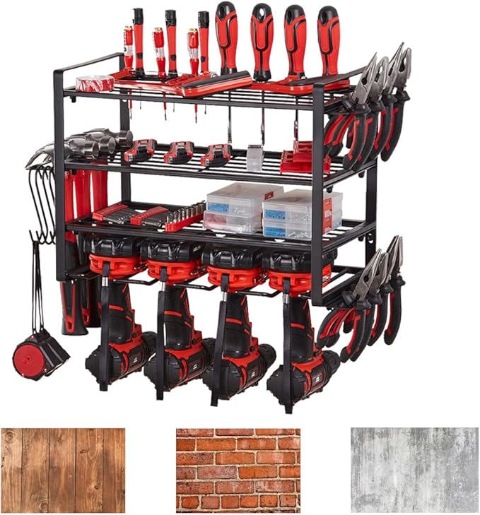 Power Tool Organizer, 4 Layers Heavy Duty Metal Tool Shelf, Drill Holder Wall Mount, Utility Storage Rack for Cordless Drill Charging Station Screwdriver, black