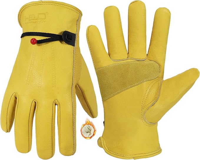 HANDLANDY Winter Work Gloves for Men Women, Water Repellent Cold Weather Insulated Genuine Leather Work Gloves