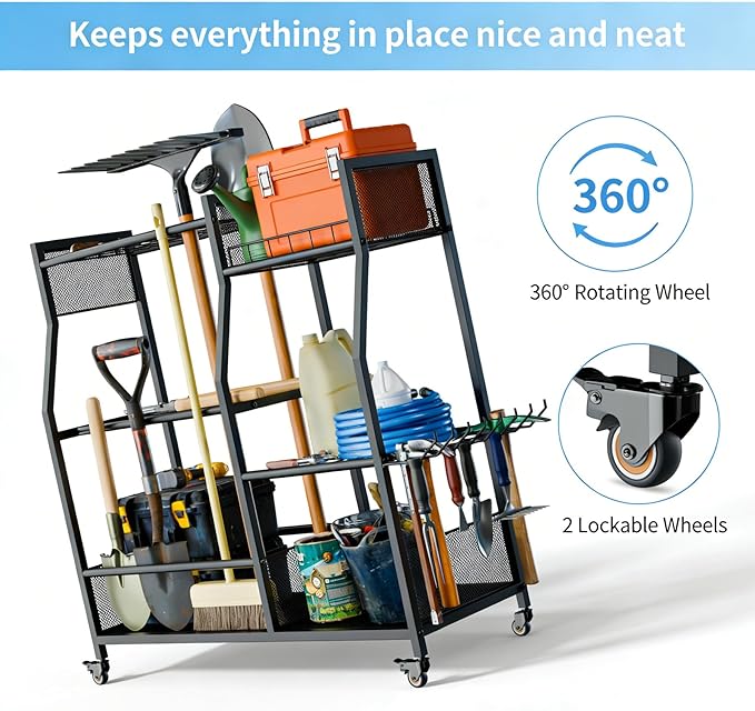 HOTEAGLE Garden Tool Organizer for Garage with 35.4” Width(High Stability), Outdoor Metal Utility Rolling Carts with Mute Wheels & 18.5mm Thick Rods, Easy to Clean, Black