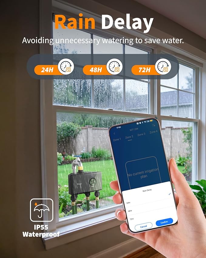 Diivoo WiFi Water Timer for Garden Hose, 4 Zone Smart Sprinkler Timer with Brass Inlet, Ethernet & 2.4GHz WiFi Connection, Compatible with Alexa/Google, 24 Irrigation Plans & Rain Delay Mode for Lawns