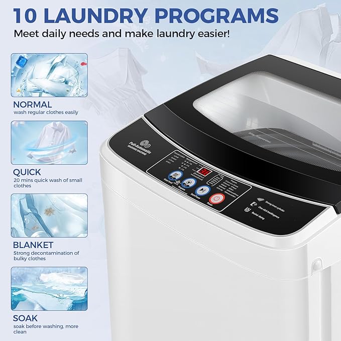 Nictemaw Portable Washing Machine, 17.8Lbs Capacity Full-Automatic Portable Washer, 2.4Cu.ft Washer and Dryer Combo with Drain Pump, 10 Programs 8 Water Levels Compact Laundry Machine for Apartment RV