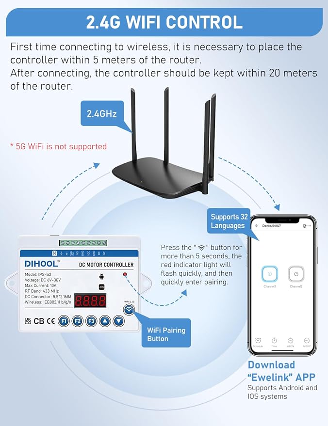 DIHOOL Electric Linear Actuator Controller with Current Limit, WiFi and Timer, Smart eWeLink Control, Remote Wireless 12V 24V DC Motor Controller, Rebound When Obstacles Protection, Load Safety