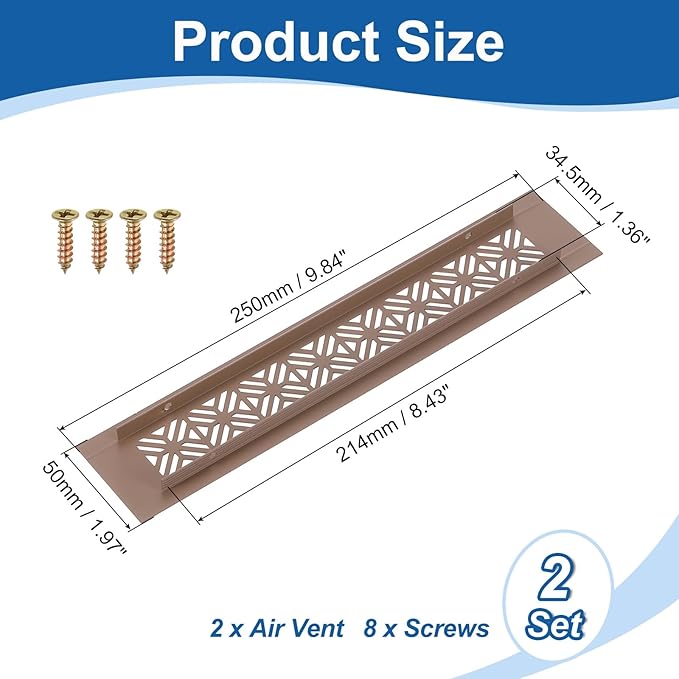 uxcell 2Pcs Aluminum Alloy Air Vents, 250 x 50mm / 9.8 x 2" Rectangle Louvered Ventilation Grille Cover with Mounting Screws for Door Cabinet Wardrobe, Brown