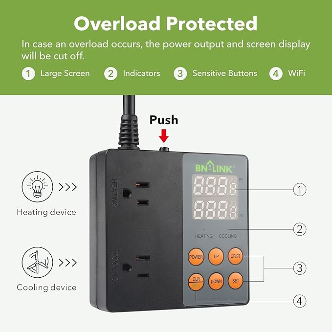 BN-LINK Smart WiFi Digital Temperature Controller Heating Cooling, Works with Alexa and Google Home. For Reptiles Aquarium Carboy Homebrew Breeding Fermenter Seed Germination °C/°F -40-176°F 15A/1875W