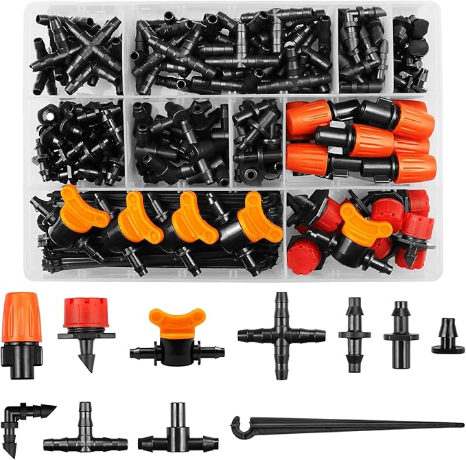 Drip Irrigation Fittings Kit for 1/4" Tubing, 220 Pcs Drip Line Connectors for Drip Systems - Valves, Nozzles, Micro Drips, Single barbs, 4 Way Cross, Tees, Couplings, End Plugs, Elbows, Hose Stakes