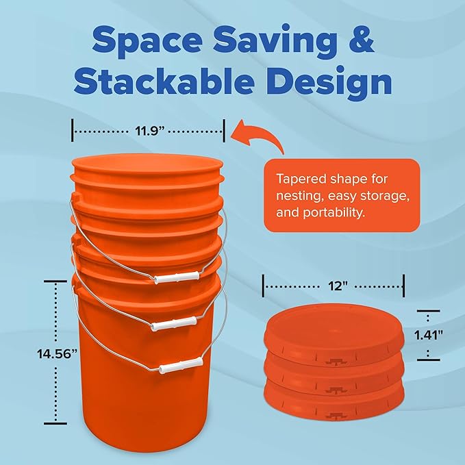 ePackageSupply 5 Gallon Bucket - Food Grade Bucket with Airtight Gasketed Tear Strip Lid, BPA-Free, Heavy-Duty 90 Mil HDPE Plastic Pail, Bulk Storage, Durable Container, Made in USA - Orange, 6 Packs