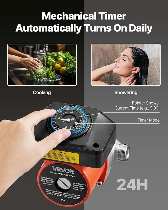 VEVOR Hot Water Recirculating Pump, with Bypass Valve, Instant Recirculation Pump Kit with Timer, Adapter, Circulation Circulator System, Stainless Steel Head, 0.13 HP 110-120V, for Tank Water Heaters