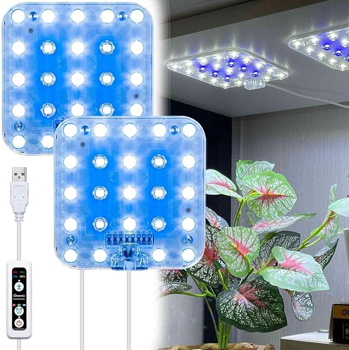 DOMMIA Full Spectrum LED Grow Light for Indoor Plants, 2 Panels 10W with 6/12/16h Timer Dimmable Plant Lights for Flower Veg Plant Growth USB, Bluish White, 1-Pack