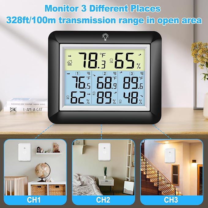 Urageuxy Indoor Outdoor Thermometer Wireless with 3 Sensors, 328ft Range Digital Hygrometer Temperature Humidity Monitor for Home, Greenhouse, Kitchen, Bedroom, Backlight, Black