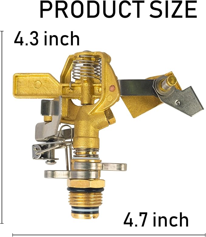 Hourleey 1/2 Inch Brass Impact Sprinkler, Heavy Duty Water Sprinkler Head, Adjustable 0-360 Degree Coverage Pattern, Watering Sprinkler with Nozzles for Large Patio Garden Irrigation (1 Pack)