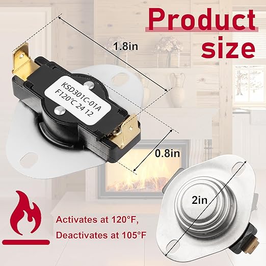 Thermal Switch Thermostat Control, 120°F ON and 105°F Off, Snap Disc Thermostat Switch for Fireplace Blower Fans, Wood Stove Fans,Wall & Floor Furnaces,RV Refrigerator Cooling Fan, Solar Water Heater