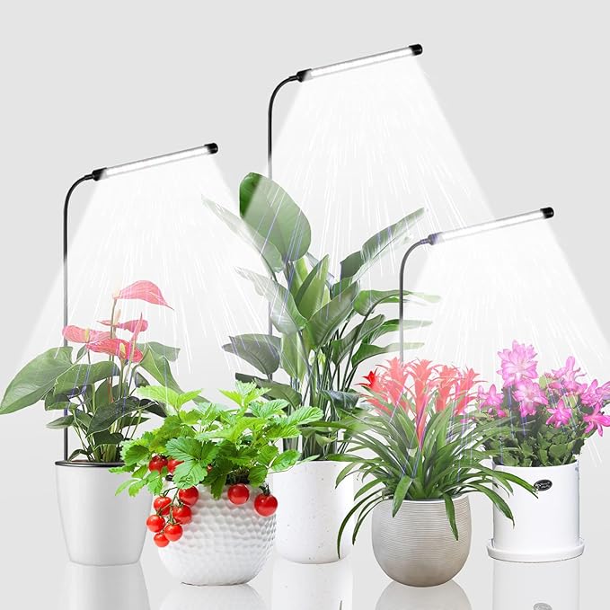 Juhefa Grow Light for Indoor Plants Growing, 6000K Full Spectrum Gooseneck Plant Lamp for Seedings Succulents Small Plants, Auto On/Off Timing & 5 Dimming, 3-Pack