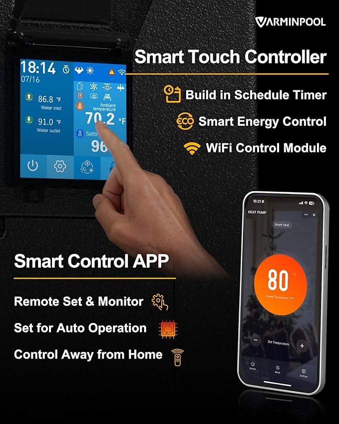 58000BTU Smart Inverter Pro Pool Heat Pump for Inground & Above Ground Pools up to 18000 Gallons, WiFi Enabled Electric Pool Heater with Heating & Cooling, 220V, Timer Control, V18