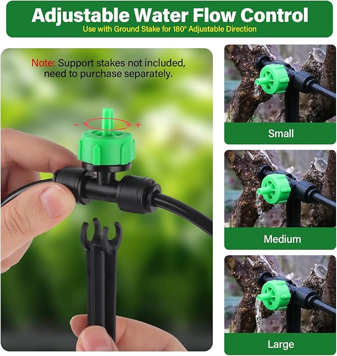 Kalolary 30Pcs Push-to-Fit Drip Irrigation Emitters 1 GPH Pressure Compensating Drippers with Constant Water Flow Drip Irrigation System Parts for 1/4 Inch Irrigation Tubing with 6PCS End Plugs(Green)