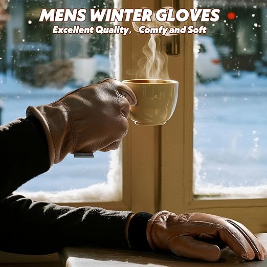 DLY Winter Work Gloves for Men, Insulated, Puncture and Abrasion Resistant, Cowhide Leather with Warm Thinsulate Lining for Cold Weather, Medium, Brown, New