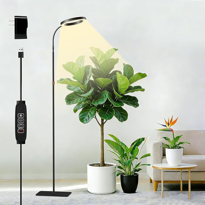 SDOVUERC Full Spectrum Grow Light with Stand for Indoor Plants, Floor Plant Light, 3/9/12H Timer, 3 Color Modes, Adjustable Height 16.5–67in, for Large Plants & Home Décor(1 Head)