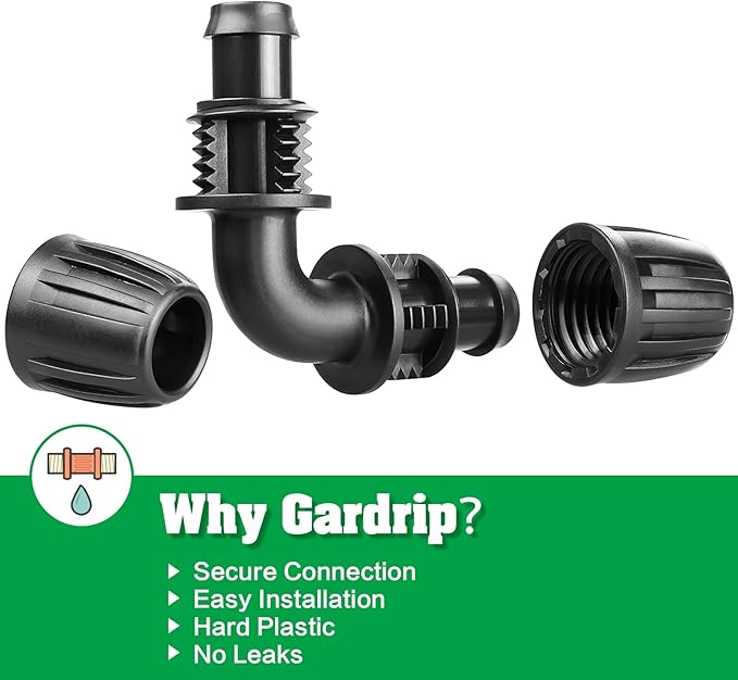 Gardrip Drip Irrigation Fittings for 1/2 Inch Drip Tubing (1/2" ID x 0.65" OD)：1/2'' Drip Line 90 Degree Elbows Anti-drop Locked Nut Barbed Elbow Connectors Garden Irrigation System Parts (10 Pack)