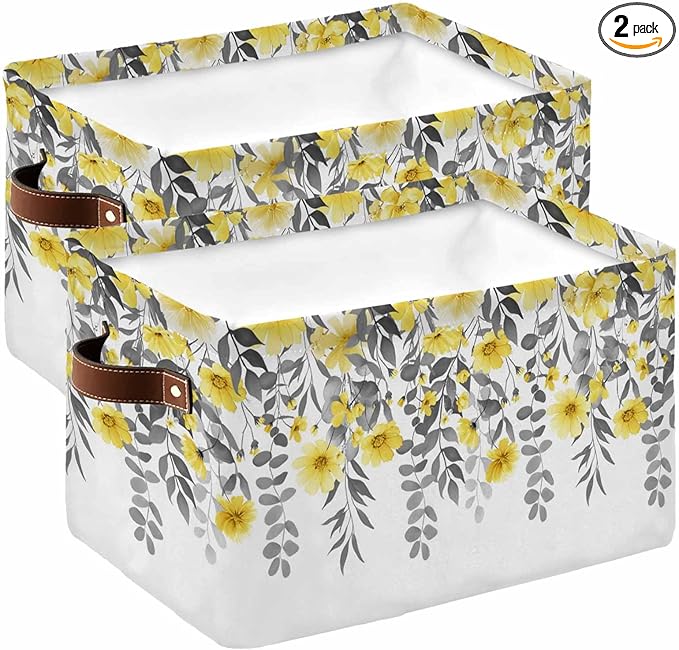 Yellow Floral Storage Bins Cubes Waterproof Cloth Storage Basket, Farmhouse Spring Flowers Leaves Foldable Storage Bags for Shelf Closet Clothes Storages Organizers with Handles 15x11x9.5 in 2PCS