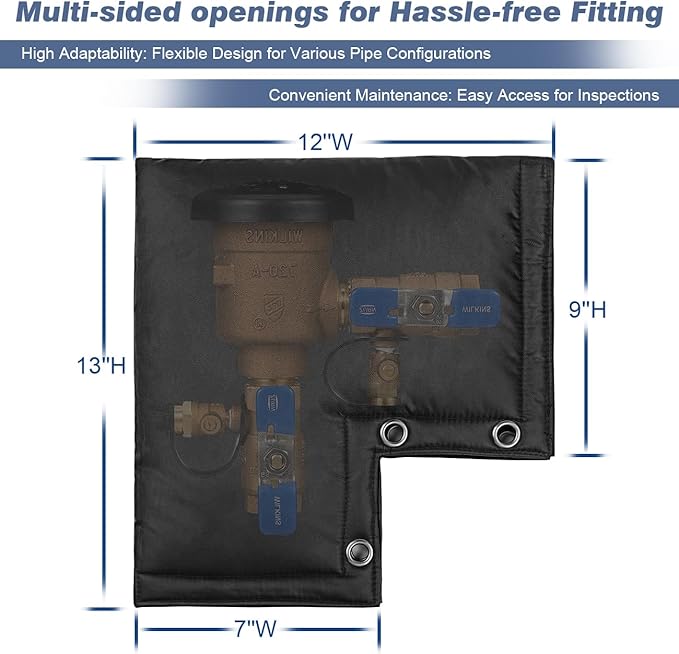 Insulated Backflow Preventer Cover- All-Season Pressure Vacuum Breaker Protection Pouch- Ideal for Water Wells and Sprinkler Valves- Shields from Sun & Freezing Temperatures- 12''W x 13''H (Black)