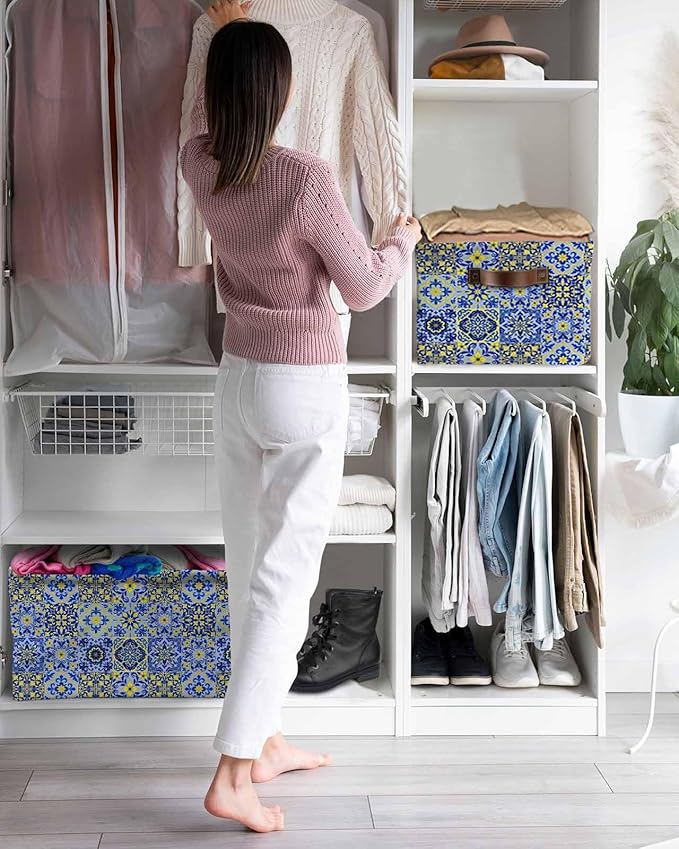 Vintage Boho Storage Bins Cubes Waterproof Cloth Storage Basket,Middle Century Bohemia Style Patchwork Blue Foldable Storage Bags for Shelf Clothes Storages Organizers with Handles 15x11x9.5 in 1PCS