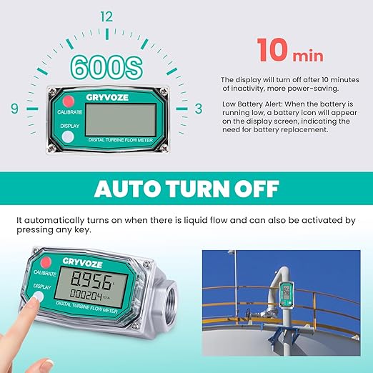 3/4 Inch Digital Turbine Fuel Flow Meter, 0.8-13.2 GPM Inline NPT Thread Flowmeter for Water, Diesel, Gas Oil, Gasoline, Kerosene, Methanol, and Other Liquids-Supports Gallon, QTS, PTS, L, m³