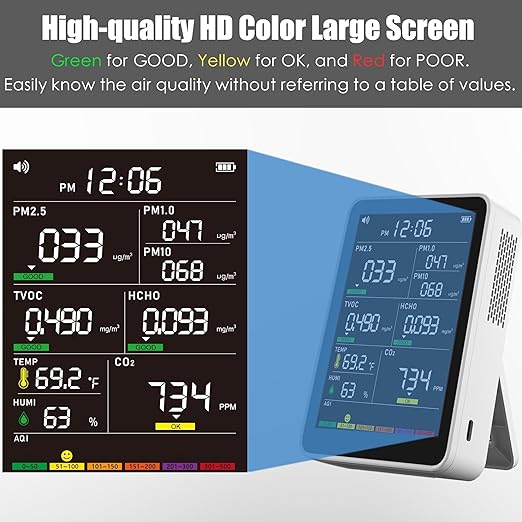 Professional Indoor Air Quality Monitor with AQI Alerts, Portable Real-Time Detector for Home, Car, Plants & Pet (Pearl White)