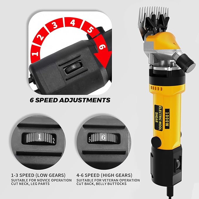 PAT JUUMG 1000W Sheep Shears Electric Farm Livestock Haircut with Blades Professional Animal Clippers 6 Speed Heavy Duty Electric for Thick Horses Sheep Alpacas Goats(Yellow)