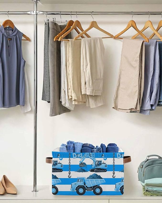 Blue Striped Truck Storage Bins Cubes Waterproof Cloth Storage Basket, Farmhouse Stripes Modern Art Foldable Storage Bags for Shelf Closet Clothes Organizers with Handles 15x11x9.5 in 1PCS