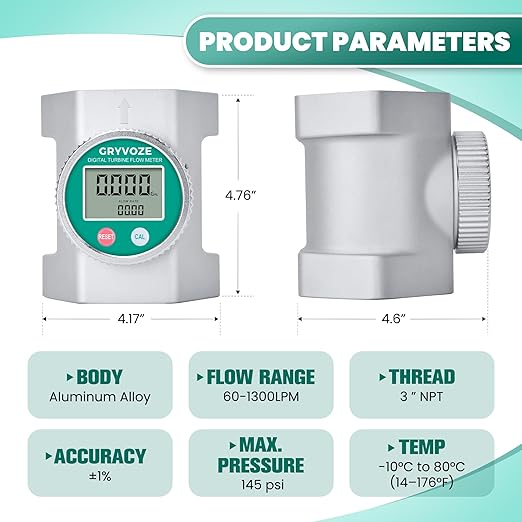 Waterproof 3 Inch Water Flow Meter, 16-343 GPM Digital NPT Flowmeter with EMI Protection for Diesel, Gasoline, Pool, Hydrant, Fire Truck and Oil Tanker, ±1% Accuracy