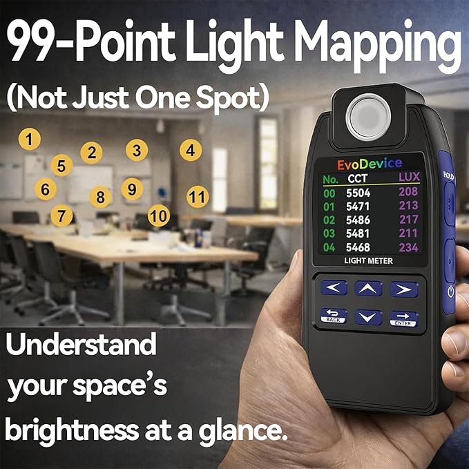 E130 Light Meter – Accurate Lux & Color Temperature (CCT) for Any Light Source, 99-Point Light Mapping, Hold Freeze, Spectrum Mode Accurate for 420/450nm White LEDs
