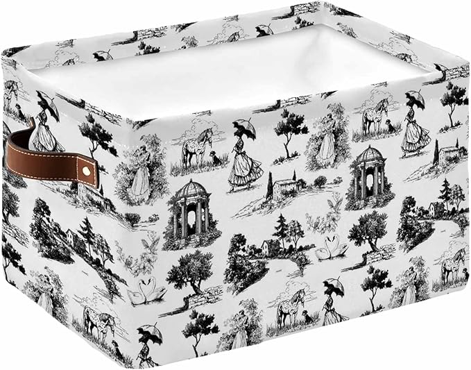 Farmhouse Country Storage Bins Cubes Waterproof Cloth Storage Basket, Retro French Garden Horse Swan Foldable Storage Bags for Shelf Closet Clothes Organizers with Handles 15x11x9.5 in 1PCS