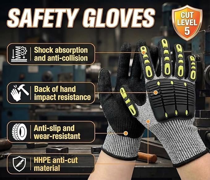 Impact Protection Gloves,Level5 Cut Resistant Work Gloves,Nitrile Coated Heavy Duty Work Gloves, Anti Vibration Gloves For Men,Women(1Pair,Medium)